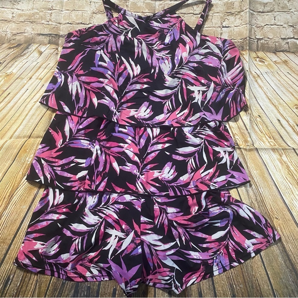 Fit 4 U‎ Black Pink Purple Tropical Print Ruffle Romper Swimsuit
